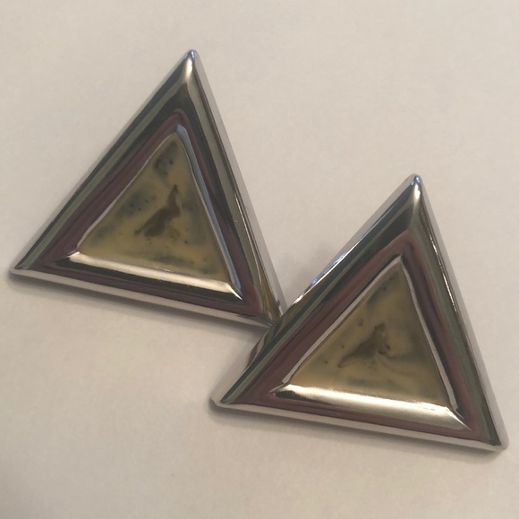 Vintage Silver Tone Triangular Earrings Indented Centre Enamel Sage Yellow -#431 - Picture 2 of 5